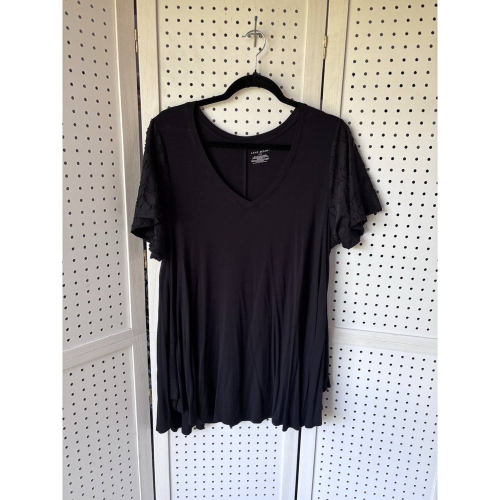 Lane Bryant 14/16 Black Swing Rayon Short SLV Tee Shirt Blouse Lace Sleeves